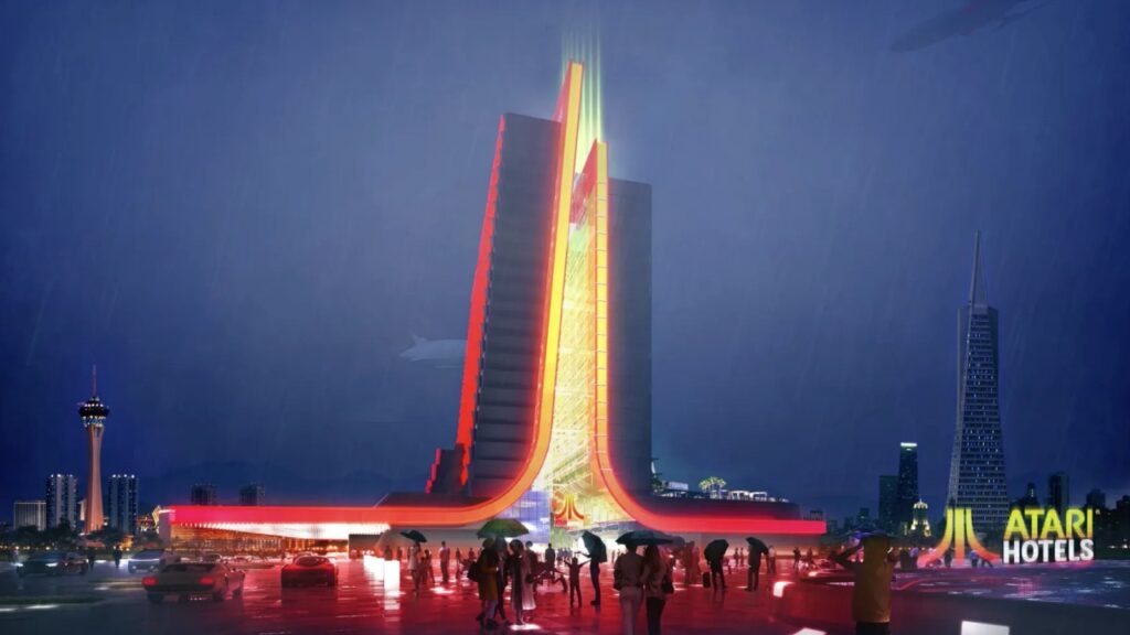 Renderização da entrada do hotel Atari em Las Vegas